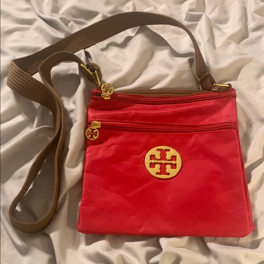 Tory Burch Red and Brown Crossbody Bag with Gold Logo
